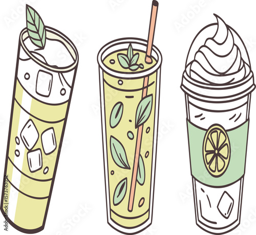 Three different types of refreshing drinks with ice and various toppings displayed together nicely