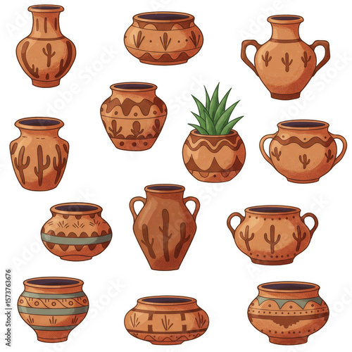 Illustration Various Pottery With Ornate Southwestern Design Transparent Background