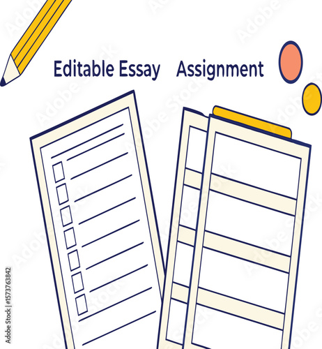 Illustration of a pencil, checklist, and lined paper for an editable essay assignment concept design