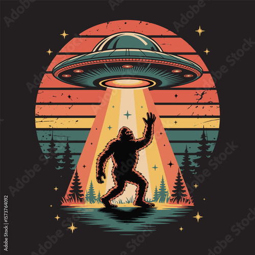 UFO abducting Bigfoot from forest with glowing retro colors and stars. Vector illustration t shirt design
