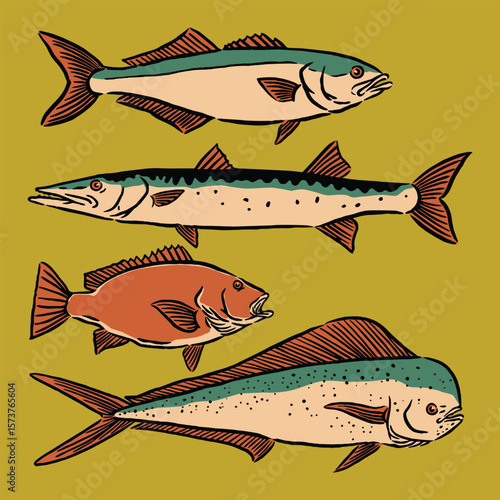 A hand-drawn retro set of sea fish including mackerel and mahi-mahi, illustrated in vintage style with bold colors and detailed fins.