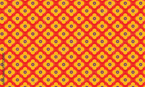 Seamless floral geometric pattern with yellow petal motifs on a vivid red background