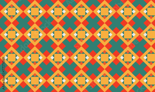 Colorful geometric seamless pattern with layered diamond shapes in orange, yellow, red, and green tones. Inspired by ethnic textiles and retro aesthetics