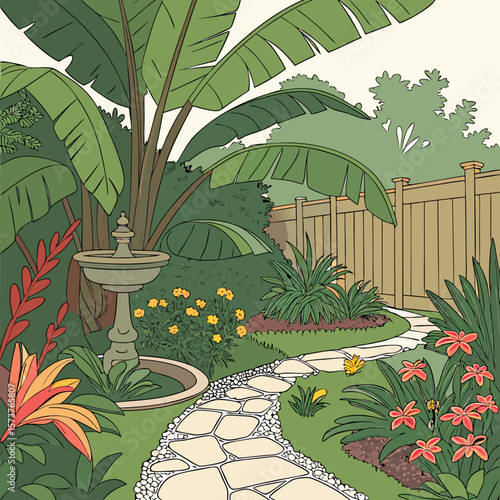 
a garden with a stone path and a fountain
