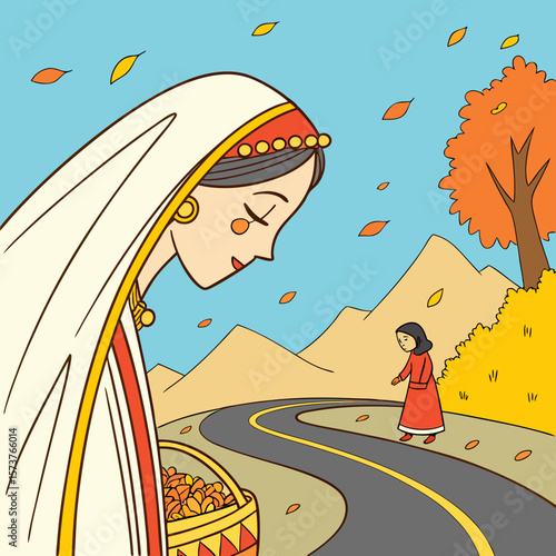 
a woman in a veil and a basket of leaves