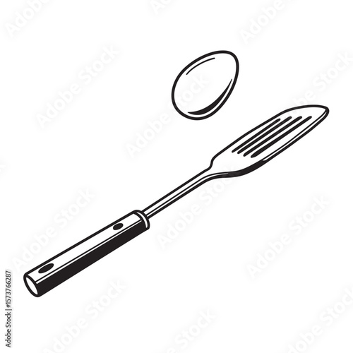 Black and white illustration of a spatula and egg isolated on white background