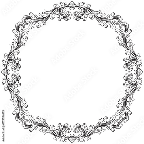 Vintage circle oval baroque frame with floral ornament engraving illustration art