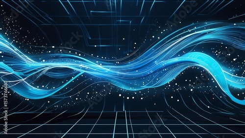 Futuristic digital wave background with glowing blue and cyan flowing lines, particle trails, light dots, and motion blur, dark tech grid background, high contrast style.