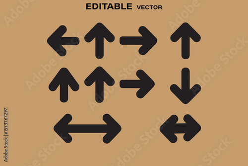 Collection of black directional arrows pointing up down left right and sideways on a brown background