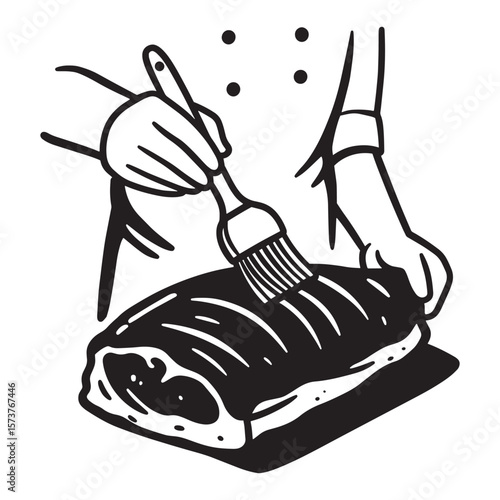 Chef applying sauce to meat with brush in a minimalist black and white illustration