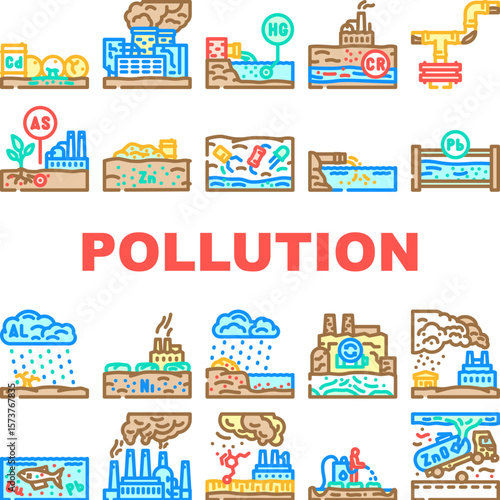 heavy metal pollution icons set vector