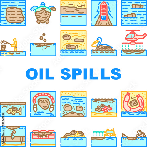 oil spills pollution icons set vector