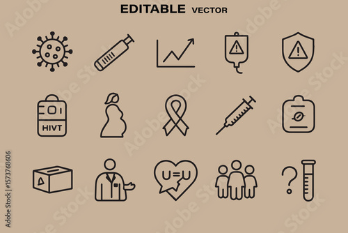 Collection of medical and health icons representing viruses treatment research and awareness campaigns