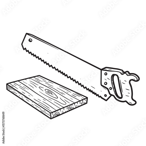 Hand drawn illustration of a handsaw and wooden plank depicting carpentry and woodworking concepts