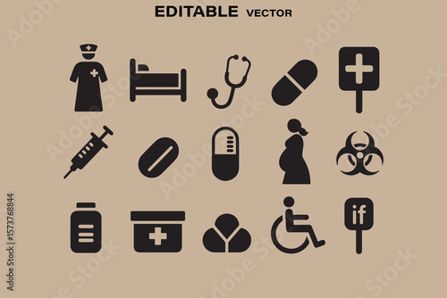Collection of medical and healthcare icons including a nurse bed stethoscope pills syringe and more
