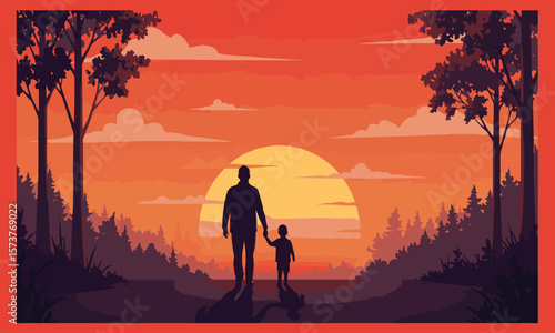 Vector illustration of a father and child holding hands, walking together in a sunset landscape. Perfect for Father's Day greeting cards, posters, banners, and emotional campaigns