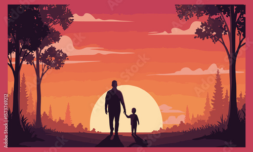 Vector illustration of a father and child holding hands, walking together in a sunset landscape. Perfect for Father's Day greeting cards, posters, banners, and emotional campaigns
