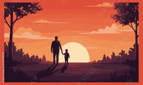 Vector illustration of a father and child holding hands, walking together in a sunset landscape. Perfect for Father's Day greeting cards, posters, banners, and emotional campaigns