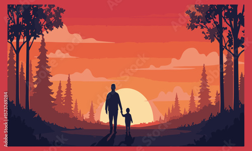 Vector illustration of a father and child holding hands, walking together in a sunset landscape. Perfect for Father's Day greeting cards, posters, banners, and emotional campaigns