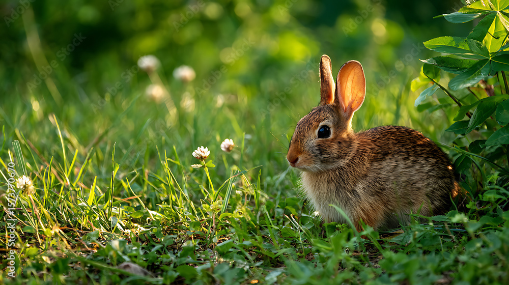 Fototapeta premium A small, fluffy bunny rabbit nibbles grass next to white clover flowers in a sunny garden.