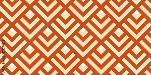 Ethnic-inspired chevron geometric pattern in earthy tones of terracotta and beige, featuring layered V shapes and diamond accents