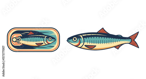 Retro Sardine Vector Illustration in Tin Can