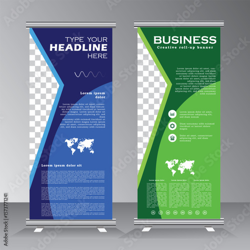Roll Up banner template, Standee Design template, vertical banner template with green and blue color. Presentation and Brochure Flyer. Vector eps 10