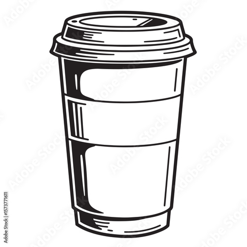Simple black and white line art illustration of a take away coffee cup