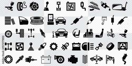 Car parts. Vector automotive part icons, engine motor and auto pad, spare filter and vehicle gearbox isolated on white background