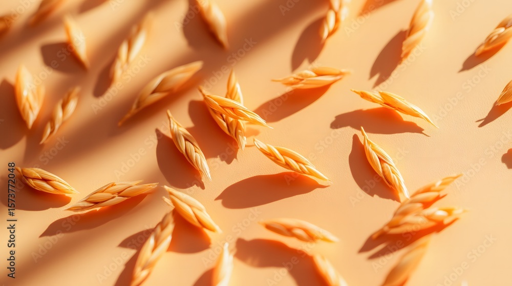 Natural Textures of Wheat Grain Arranged on a Soft Peach Background Natural Textures of Wheat Grain Arranged on a Soft Peach Background