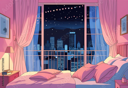 Pink bedroom with city night view cozy ambience