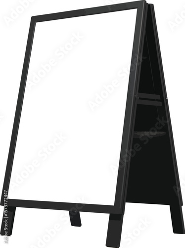 A black sandwich board with a blank white display panel against a neutral background