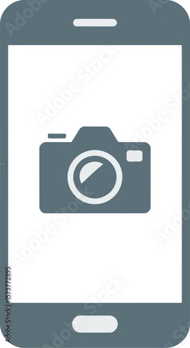 A gray smartphone displaying a camera icon on its screen against a light gray background