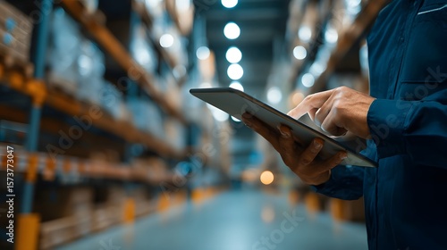 Warehouse worker inspecting inventory packages and conducting control checks on a digital tablet in a modern organized storage facility