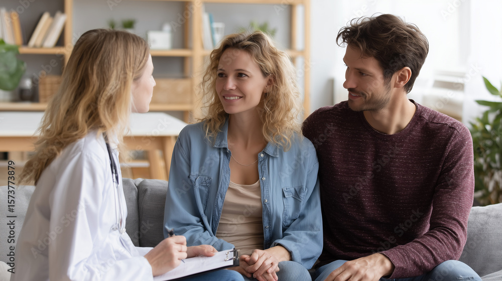 Young woman doctor in hospital office during consultation of old married couple wearing white coat and stethoscope. Young woman doctor in hospital office during consultation of old married couple wearing white coat and stethoscope.