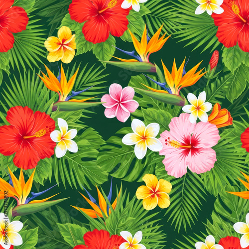 Vibrant Tropical Hibiscus and Bird of Paradise Seamless Pattern
