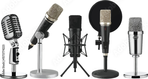 A studio setup showcasing a variety of microphones in different styles and configurations
