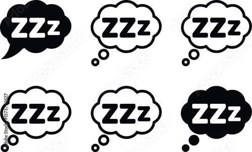 Six black and white sleep bubble icons with zzz inside representing snoring or sleeping