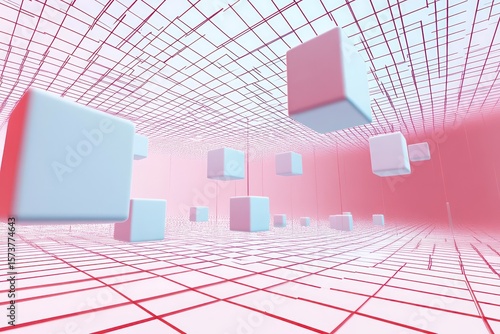 High Contrast Red Grid With Floating Abstract Cubes. Abstract Background