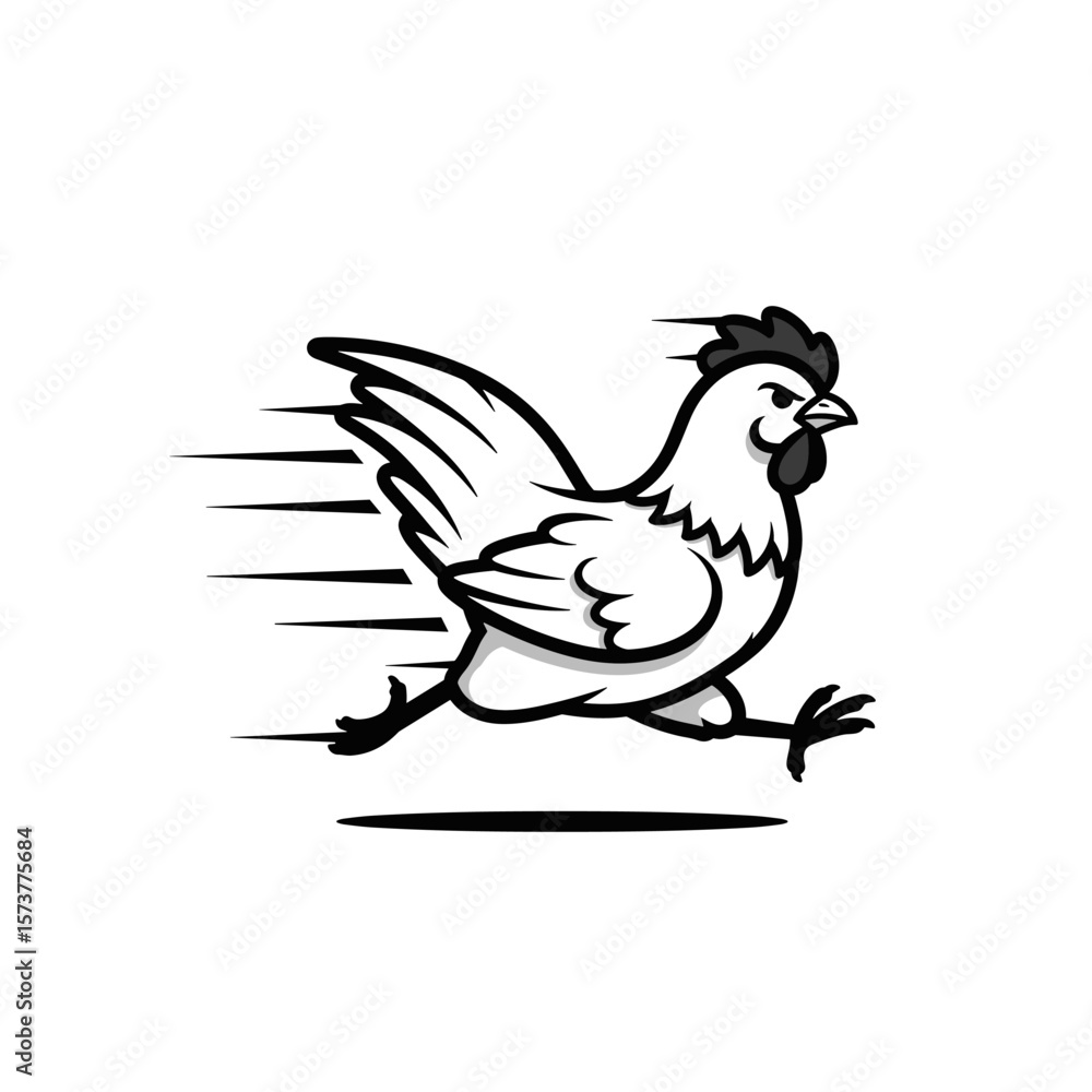 Fototapeta premium Cartoon chicken sprinting at full speed with wings spread and motion lines, showing a determined, energetic expression.
