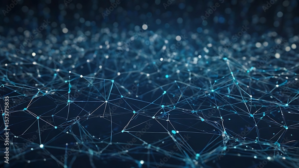 Obraz premium Abstract digital background with glowing blue particles, connected nodes, and polygon lines on a dark gradient. Futuristic and tech-inspired, perfect for modern design use.