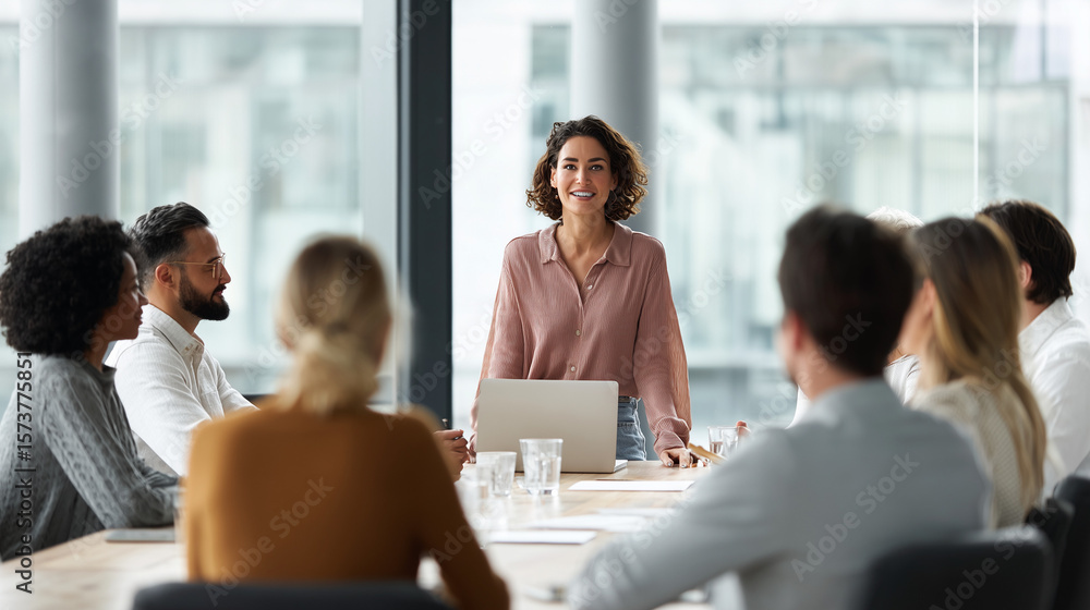 Women CEO presenting her employees in a board room Women CEO presenting her employees in a board room