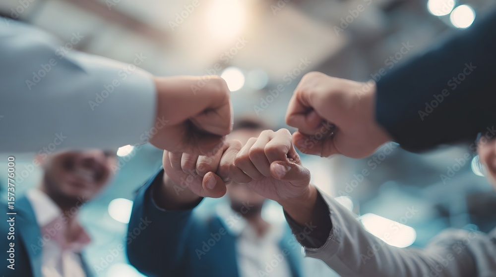 Enthusiastic group of business professionals fist bumping and clapping to celebrate a successful deal or achievement in a contemporary office setting Enthusiastic group of business professionals fist bumping and clapping to celebrate a successful deal or achievement in a contemporary office setting
