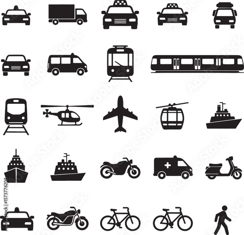 Collection of diverse transportation vehicles and pedestrian icons taxi truck
