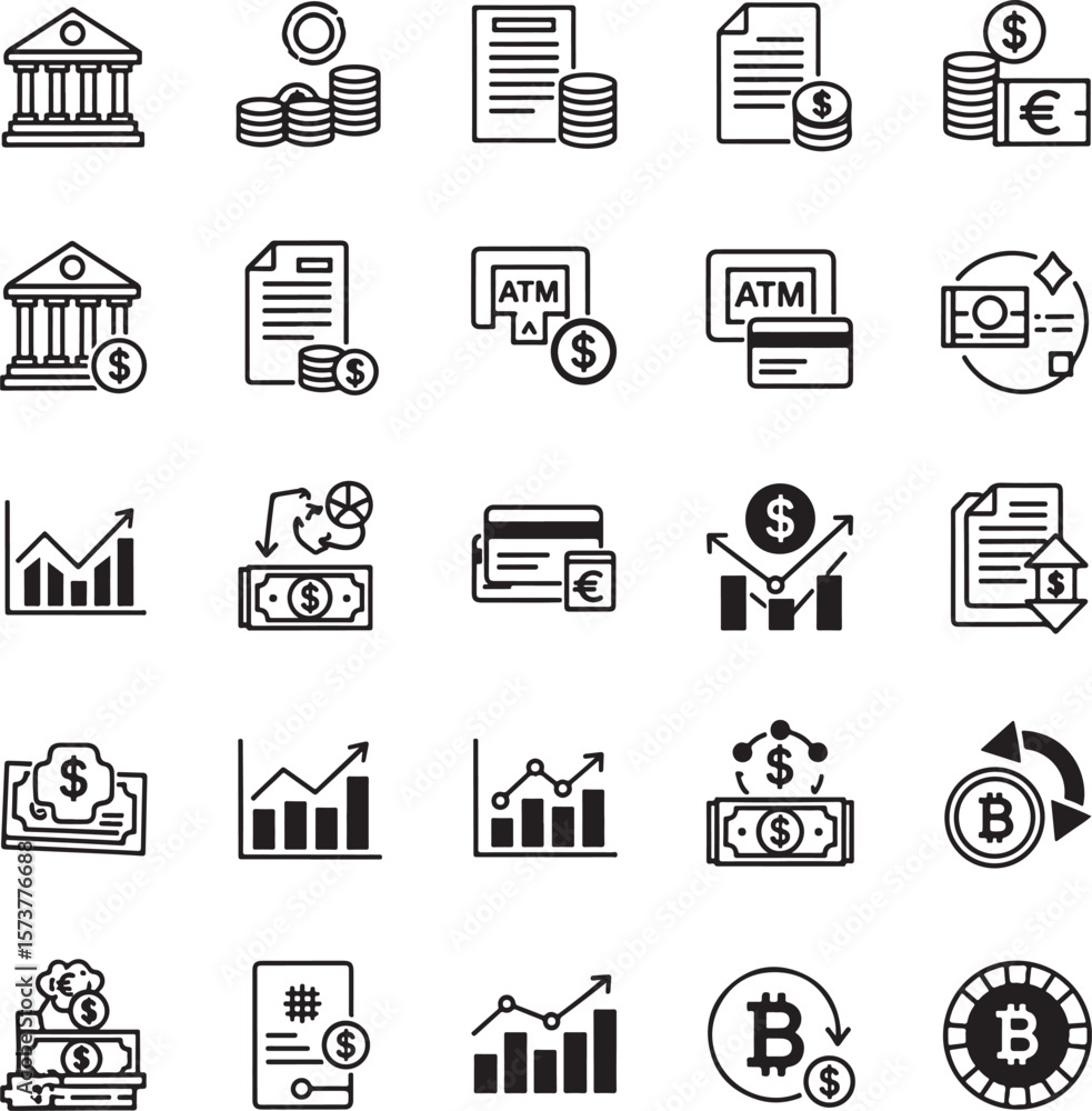 Financial icons depicting currency exchange banking and investment growth coins document Financial icons depicting currency exchange banking and investment growth coins document