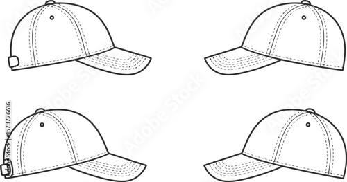 Four white baseball caps with black outlines arranged on a light gray background view from side