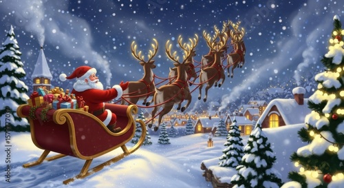 Santa Claus flying his sleigh pulled by reindeer over a snowy village delivering gifts during Christmas night