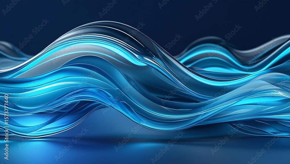 Fototapeta premium Transparent glass-like digital waves in cyan and electric blue tones, layered and flowing on a dark blue background, glowing edge highlights, soft focus, futuristic feel.