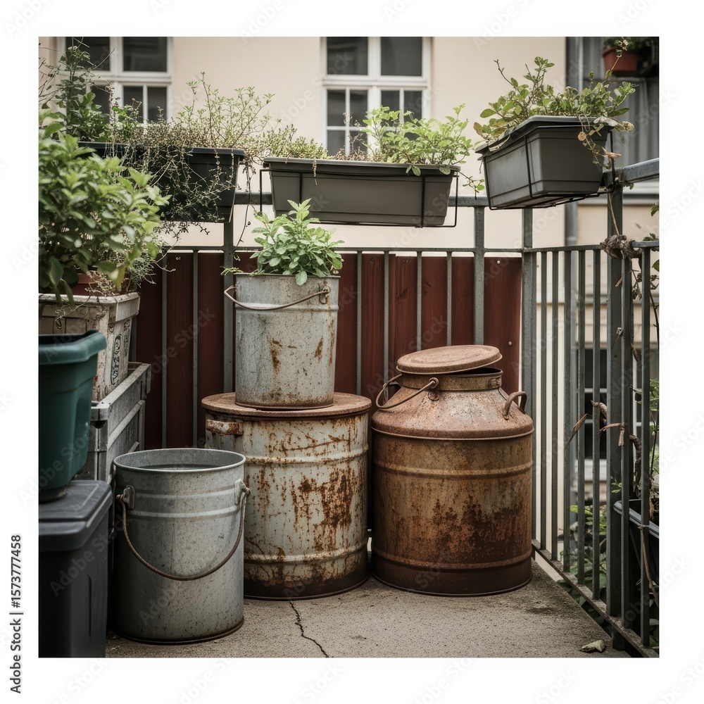 Naklejka premium Rustic balcony garden with weathered metal containers and lush green plants