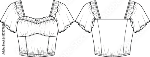 CAD cropped top sketch, ruffled neckline design, short puff sleeves, gathered hem detail, front and back view, fashion vector illustration, technical garment drawing
